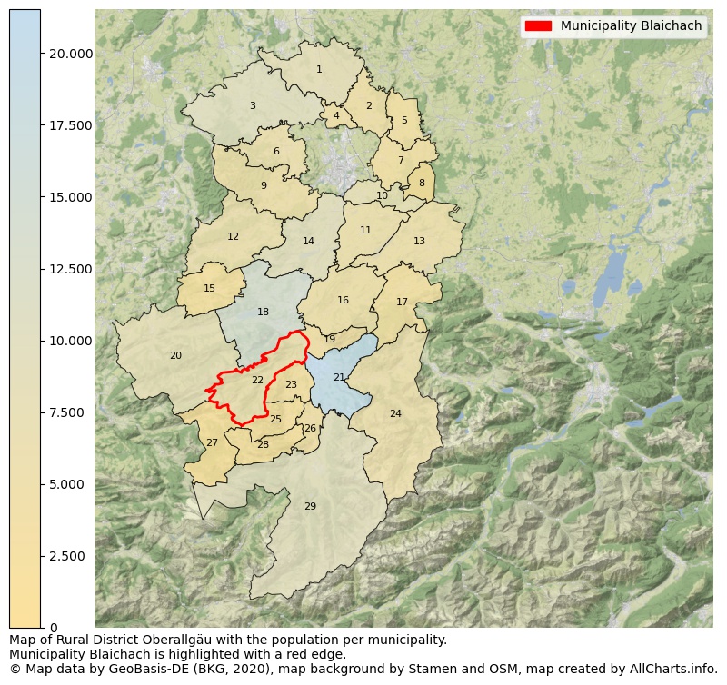 Map of Rural district Oberallgäu with the population per municipality.Municipality Blaichach is highlighted with a red edge.. This page shows a lot of information about residents (such as the distribution by age groups, family composition, gender, native or German with an immigration background, ...), homes (numbers, types, price development, use, type of property, ...) and more (car ownership, energy consumption, ...) based on open data from the German Federal Agency for Cartography, the Federal Statistical Office (DESTATIS), the Regional Statistical Offices and various other sources!