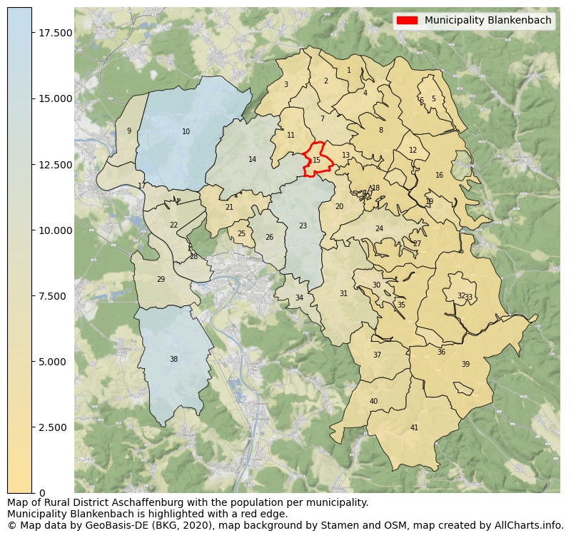 Map of Rural district Aschaffenburg with the population per municipality.Municipality Blankenbach is highlighted with a red edge.. This page shows a lot of information about residents (such as the distribution by age groups, family composition, gender, native or German with an immigration background, ...), homes (numbers, types, price development, use, type of property, ...) and more (car ownership, energy consumption, ...) based on open data from the German Federal Agency for Cartography, the Federal Statistical Office (DESTATIS), the Regional Statistical Offices and various other sources!