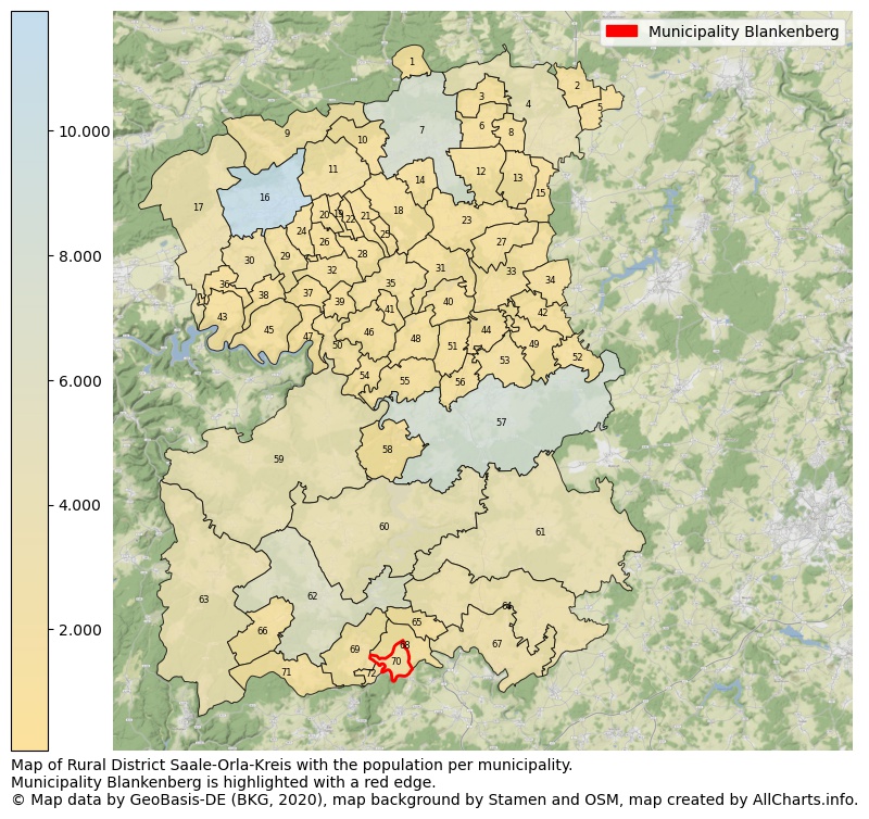 Map of Rural district Saale-Orla-Kreis with the population per municipality.Municipality Blankenberg is highlighted with a red edge.. This page shows a lot of information about residents (such as the distribution by age groups, family composition, gender, native or German with an immigration background, ...), homes (numbers, types, price development, use, type of property, ...) and more (car ownership, energy consumption, ...) based on open data from the German Federal Agency for Cartography, the Federal Statistical Office (DESTATIS), the Regional Statistical Offices and various other sources!