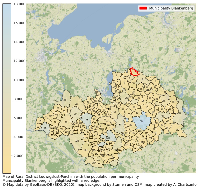 Map of Rural district Ludwigslust-Parchim with the population per municipality.Municipality Blankenberg is highlighted with a red edge.. This page shows a lot of information about residents (such as the distribution by age groups, family composition, gender, native or German with an immigration background, ...), homes (numbers, types, price development, use, type of property, ...) and more (car ownership, energy consumption, ...) based on open data from the German Federal Agency for Cartography, the Federal Statistical Office (DESTATIS), the Regional Statistical Offices and various other sources!