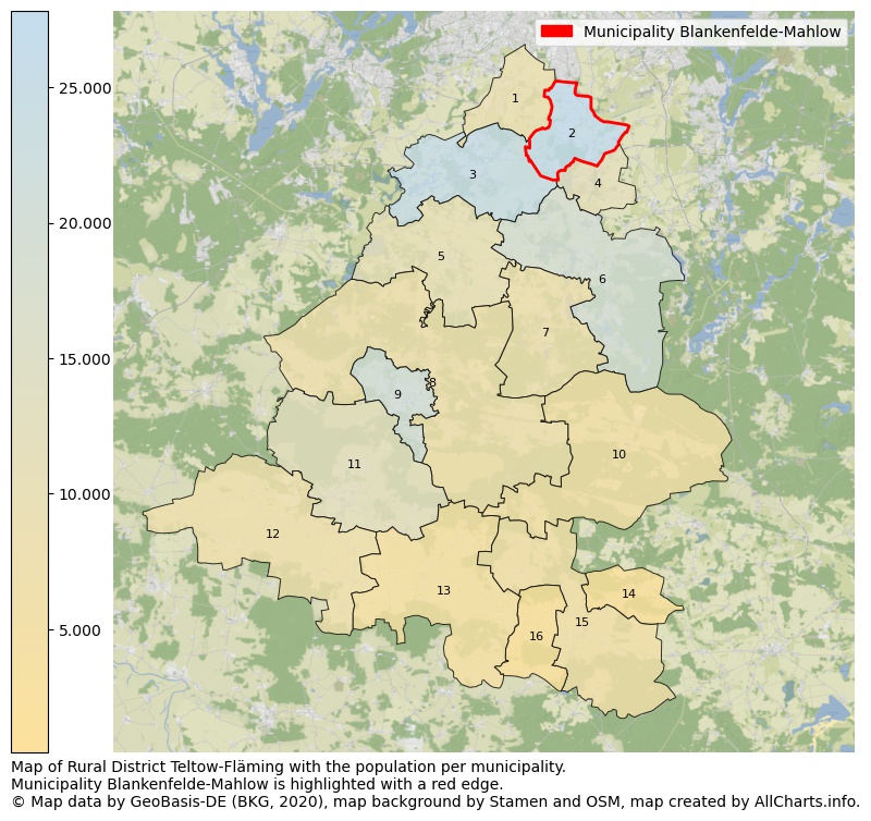 Map of Rural district Teltow-Fläming with the population per municipality.Municipality Blankenfelde-Mahlow is highlighted with a red edge.. This page shows a lot of information about residents (such as the distribution by age groups, family composition, gender, native or German with an immigration background, ...), homes (numbers, types, price development, use, type of property, ...) and more (car ownership, energy consumption, ...) based on open data from the German Federal Agency for Cartography, the Federal Statistical Office (DESTATIS), the Regional Statistical Offices and various other sources!