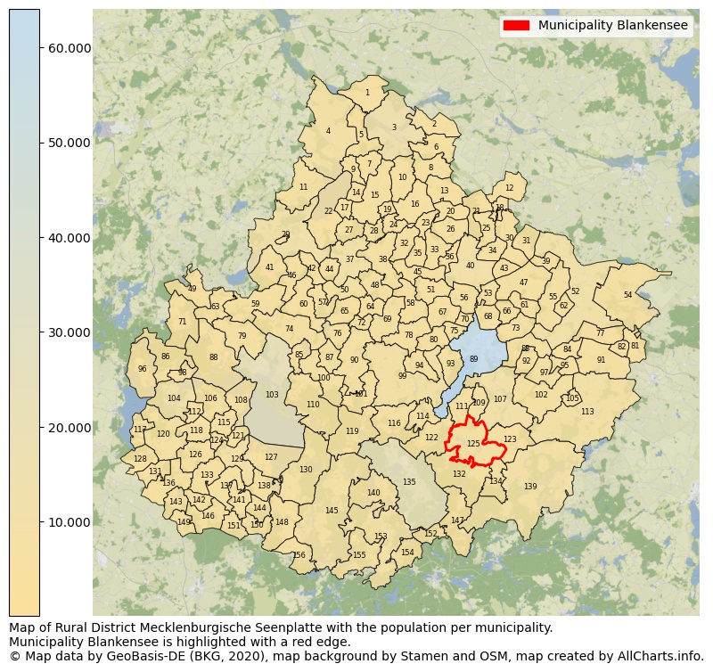 Map of Rural district Mecklenburgische Seenplatte with the population per municipality.Municipality Blankensee is highlighted with a red edge.. This page shows a lot of information about residents (such as the distribution by age groups, family composition, gender, native or German with an immigration background, ...), homes (numbers, types, price development, use, type of property, ...) and more (car ownership, energy consumption, ...) based on open data from the German Federal Agency for Cartography, the Federal Statistical Office (DESTATIS), the Regional Statistical Offices and various other sources!