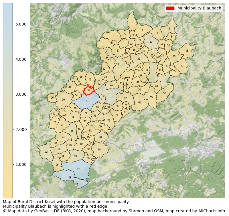 Map of Rural district Kusel with the population per municipality.Municipality Blaubach is highlighted with a red edge.. This page shows a lot of information about residents (such as the distribution by age groups, family composition, gender, native or German with an immigration background, ...), homes (numbers, types, price development, use, type of property, ...) and more (car ownership, energy consumption, ...) based on open data from the German Federal Agency for Cartography, the Federal Statistical Office (DESTATIS), the Regional Statistical Offices and various other sources!