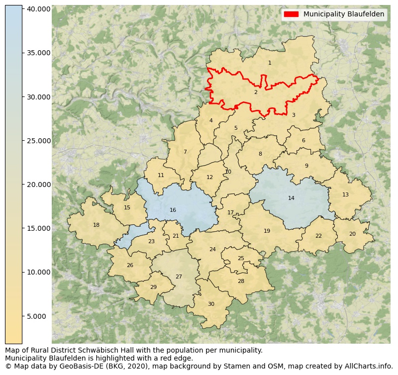 Map of Rural district Schwäbisch Hall with the population per municipality.Municipality Blaufelden is highlighted with a red edge.. This page shows a lot of information about residents (such as the distribution by age groups, family composition, gender, native or German with an immigration background, ...), homes (numbers, types, price development, use, type of property, ...) and more (car ownership, energy consumption, ...) based on open data from the German Federal Agency for Cartography, the Federal Statistical Office (DESTATIS), the Regional Statistical Offices and various other sources!
