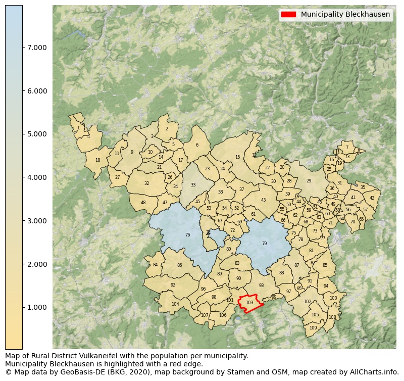 Map of Rural district Vulkaneifel with the population per municipality.Municipality Bleckhausen is highlighted with a red edge.. This page shows a lot of information about residents (such as the distribution by age groups, family composition, gender, native or German with an immigration background, ...), homes (numbers, types, price development, use, type of property, ...) and more (car ownership, energy consumption, ...) based on open data from the German Federal Agency for Cartography, the Federal Statistical Office (DESTATIS), the Regional Statistical Offices and various other sources!