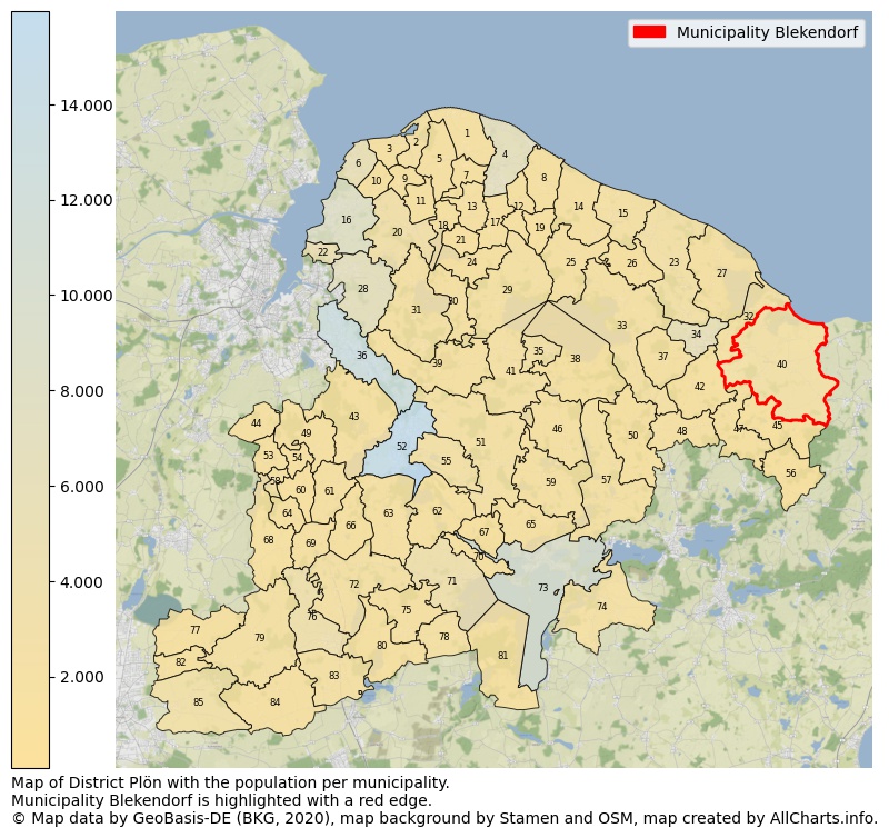 Map of District Plön with the population per municipality.Municipality Blekendorf is highlighted with a red edge.. This page shows a lot of information about residents (such as the distribution by age groups, family composition, gender, native or German with an immigration background, ...), homes (numbers, types, price development, use, type of property, ...) and more (car ownership, energy consumption, ...) based on open data from the German Federal Agency for Cartography, the Federal Statistical Office (DESTATIS), the Regional Statistical Offices and various other sources!