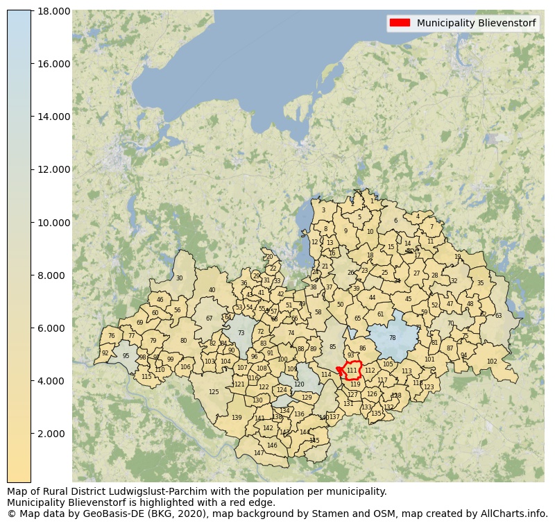 Map of Rural district Ludwigslust-Parchim with the population per municipality.Municipality Blievenstorf is highlighted with a red edge.. This page shows a lot of information about residents (such as the distribution by age groups, family composition, gender, native or German with an immigration background, ...), homes (numbers, types, price development, use, type of property, ...) and more (car ownership, energy consumption, ...) based on open data from the German Federal Agency for Cartography, the Federal Statistical Office (DESTATIS), the Regional Statistical Offices and various other sources!