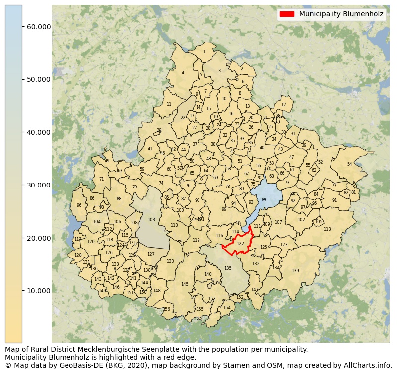 Map of Rural district Mecklenburgische Seenplatte with the population per municipality.Municipality Blumenholz is highlighted with a red edge.. This page shows a lot of information about residents (such as the distribution by age groups, family composition, gender, native or German with an immigration background, ...), homes (numbers, types, price development, use, type of property, ...) and more (car ownership, energy consumption, ...) based on open data from the German Federal Agency for Cartography, the Federal Statistical Office (DESTATIS), the Regional Statistical Offices and various other sources!