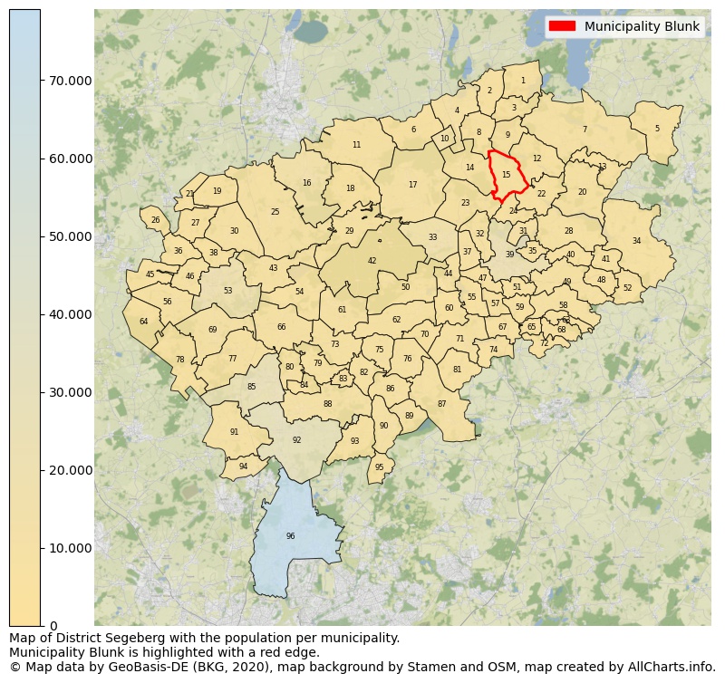 Map of District Segeberg with the population per municipality.Municipality Blunk is highlighted with a red edge.. This page shows a lot of information about residents (such as the distribution by age groups, family composition, gender, native or German with an immigration background, ...), homes (numbers, types, price development, use, type of property, ...) and more (car ownership, energy consumption, ...) based on open data from the German Federal Agency for Cartography, the Federal Statistical Office (DESTATIS), the Regional Statistical Offices and various other sources!