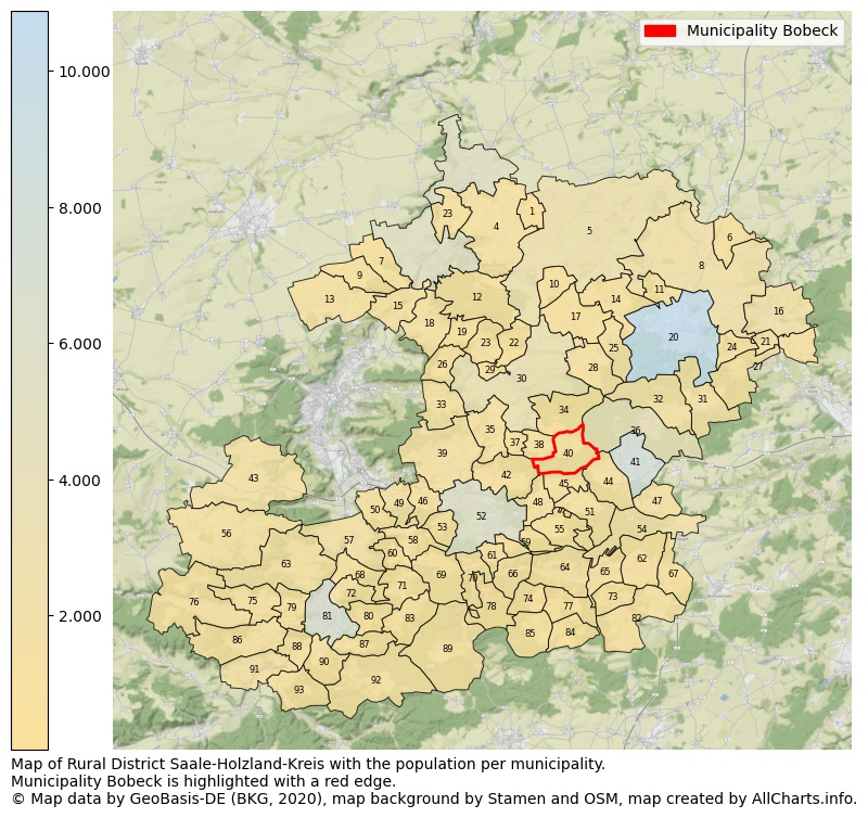 Map of Rural district Saale-Holzland-Kreis with the population per municipality.Municipality Bobeck is highlighted with a red edge.. This page shows a lot of information about residents (such as the distribution by age groups, family composition, gender, native or German with an immigration background, ...), homes (numbers, types, price development, use, type of property, ...) and more (car ownership, energy consumption, ...) based on open data from the German Federal Agency for Cartography, the Federal Statistical Office (DESTATIS), the Regional Statistical Offices and various other sources!