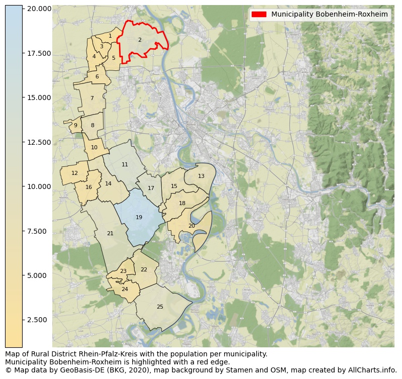 Map of Rural district Rhein-Pfalz-Kreis with the population per municipality.Municipality Bobenheim-Roxheim is highlighted with a red edge.. This page shows a lot of information about residents (such as the distribution by age groups, family composition, gender, native or German with an immigration background, ...), homes (numbers, types, price development, use, type of property, ...) and more (car ownership, energy consumption, ...) based on open data from the German Federal Agency for Cartography, the Federal Statistical Office (DESTATIS), the Regional Statistical Offices and various other sources!