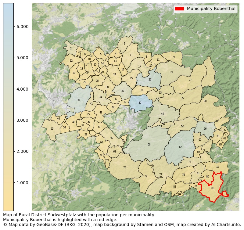 Map of Rural district Südwestpfalz with the population per municipality.Municipality Bobenthal is highlighted with a red edge.. This page shows a lot of information about residents (such as the distribution by age groups, family composition, gender, native or German with an immigration background, ...), homes (numbers, types, price development, use, type of property, ...) and more (car ownership, energy consumption, ...) based on open data from the German Federal Agency for Cartography, the Federal Statistical Office (DESTATIS), the Regional Statistical Offices and various other sources!