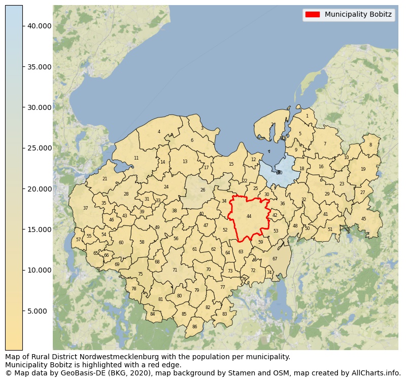 Map of Rural district Nordwestmecklenburg with the population per municipality.Municipality Bobitz is highlighted with a red edge.. This page shows a lot of information about residents (such as the distribution by age groups, family composition, gender, native or German with an immigration background, ...), homes (numbers, types, price development, use, type of property, ...) and more (car ownership, energy consumption, ...) based on open data from the German Federal Agency for Cartography, the Federal Statistical Office (DESTATIS), the Regional Statistical Offices and various other sources!