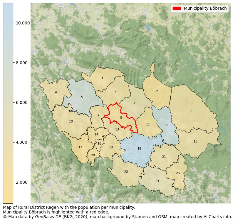 Map of Rural district Regen with the population per municipality.Municipality Böbrach is highlighted with a red edge.. This page shows a lot of information about residents (such as the distribution by age groups, family composition, gender, native or German with an immigration background, ...), homes (numbers, types, price development, use, type of property, ...) and more (car ownership, energy consumption, ...) based on open data from the German Federal Agency for Cartography, the Federal Statistical Office (DESTATIS), the Regional Statistical Offices and various other sources!