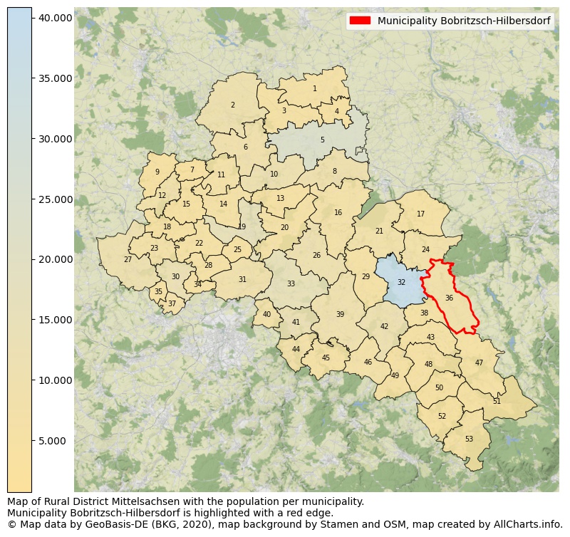 Map of Rural district Mittelsachsen with the population per municipality.Municipality Bobritzsch-Hilbersdorf is highlighted with a red edge.. This page shows a lot of information about residents (such as the distribution by age groups, family composition, gender, native or German with an immigration background, ...), homes (numbers, types, price development, use, type of property, ...) and more (car ownership, energy consumption, ...) based on open data from the German Federal Agency for Cartography, the Federal Statistical Office (DESTATIS), the Regional Statistical Offices and various other sources!