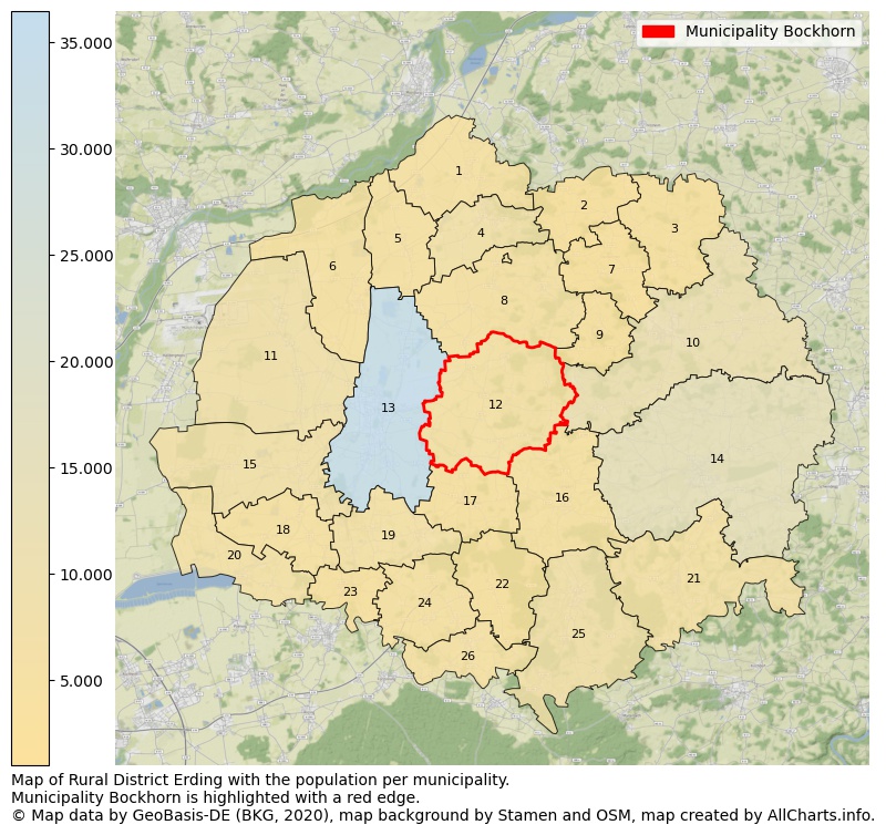 Map of Rural district Erding with the population per municipality.Municipality Bockhorn is highlighted with a red edge.. This page shows a lot of information about residents (such as the distribution by age groups, family composition, gender, native or German with an immigration background, ...), homes (numbers, types, price development, use, type of property, ...) and more (car ownership, energy consumption, ...) based on open data from the German Federal Agency for Cartography, the Federal Statistical Office (DESTATIS), the Regional Statistical Offices and various other sources!