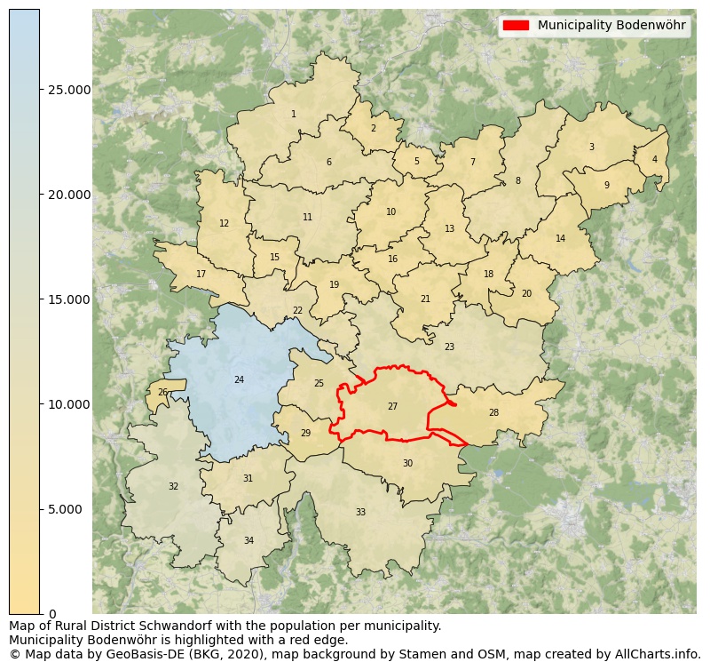 Map of Rural district Schwandorf with the population per municipality.Municipality Bodenwöhr is highlighted with a red edge.. This page shows a lot of information about residents (such as the distribution by age groups, family composition, gender, native or German with an immigration background, ...), homes (numbers, types, price development, use, type of property, ...) and more (car ownership, energy consumption, ...) based on open data from the German Federal Agency for Cartography, the Federal Statistical Office (DESTATIS), the Regional Statistical Offices and various other sources!