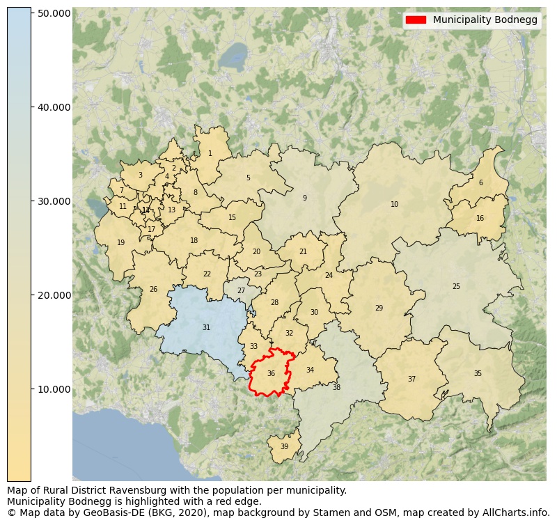 Map of Rural district Ravensburg with the population per municipality.Municipality Bodnegg is highlighted with a red edge.. This page shows a lot of information about residents (such as the distribution by age groups, family composition, gender, native or German with an immigration background, ...), homes (numbers, types, price development, use, type of property, ...) and more (car ownership, energy consumption, ...) based on open data from the German Federal Agency for Cartography, the Federal Statistical Office (DESTATIS), the Regional Statistical Offices and various other sources!
