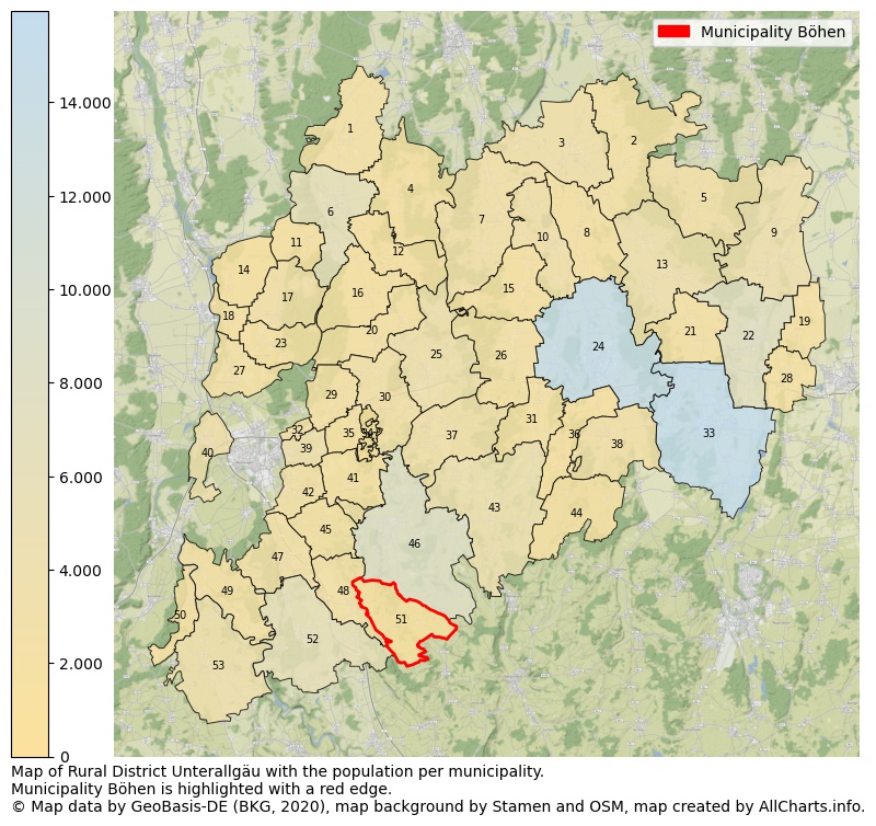 Map of Rural district Unterallgäu with the population per municipality.Municipality Böhen is highlighted with a red edge.. This page shows a lot of information about residents (such as the distribution by age groups, family composition, gender, native or German with an immigration background, ...), homes (numbers, types, price development, use, type of property, ...) and more (car ownership, energy consumption, ...) based on open data from the German Federal Agency for Cartography, the Federal Statistical Office (DESTATIS), the Regional Statistical Offices and various other sources!