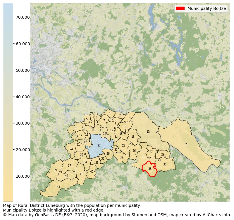 Map of Rural district Lüneburg with the population per municipality.Municipality Boitze is highlighted with a red edge.. This page shows a lot of information about residents (such as the distribution by age groups, family composition, gender, native or German with an immigration background, ...), homes (numbers, types, price development, use, type of property, ...) and more (car ownership, energy consumption, ...) based on open data from the German Federal Agency for Cartography, the Federal Statistical Office (DESTATIS), the Regional Statistical Offices and various other sources!