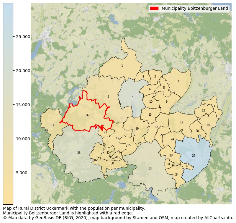 Map of Rural district Uckermark with the population per municipality.Municipality Boitzenburger Land is highlighted with a red edge.. This page shows a lot of information about residents (such as the distribution by age groups, family composition, gender, native or German with an immigration background, ...), homes (numbers, types, price development, use, type of property, ...) and more (car ownership, energy consumption, ...) based on open data from the German Federal Agency for Cartography, the Federal Statistical Office (DESTATIS), the Regional Statistical Offices and various other sources!