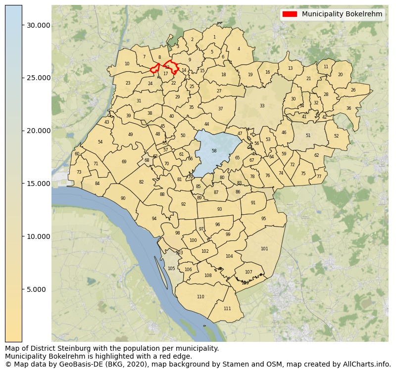 Map of District Steinburg with the population per municipality.Municipality Bokelrehm is highlighted with a red edge.. This page shows a lot of information about residents (such as the distribution by age groups, family composition, gender, native or German with an immigration background, ...), homes (numbers, types, price development, use, type of property, ...) and more (car ownership, energy consumption, ...) based on open data from the German Federal Agency for Cartography, the Federal Statistical Office (DESTATIS), the Regional Statistical Offices and various other sources!