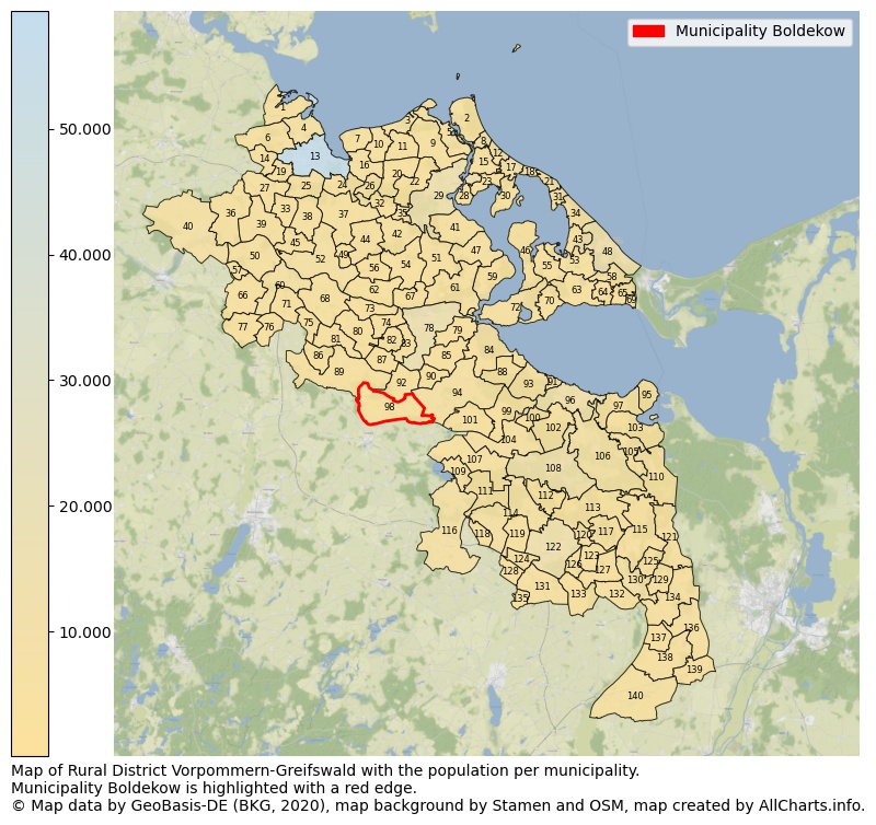 Map of Rural district Vorpommern-Greifswald with the population per municipality.Municipality Boldekow is highlighted with a red edge.. This page shows a lot of information about residents (such as the distribution by age groups, family composition, gender, native or German with an immigration background, ...), homes (numbers, types, price development, use, type of property, ...) and more (car ownership, energy consumption, ...) based on open data from the German Federal Agency for Cartography, the Federal Statistical Office (DESTATIS), the Regional Statistical Offices and various other sources!