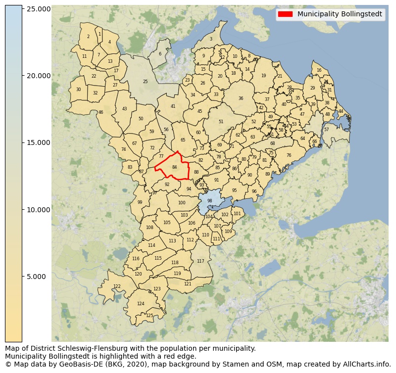 Map of District Schleswig-Flensburg with the population per municipality.Municipality Bollingstedt is highlighted with a red edge.. This page shows a lot of information about residents (such as the distribution by age groups, family composition, gender, native or German with an immigration background, ...), homes (numbers, types, price development, use, type of property, ...) and more (car ownership, energy consumption, ...) based on open data from the German Federal Agency for Cartography, the Federal Statistical Office (DESTATIS), the Regional Statistical Offices and various other sources!