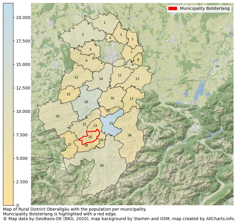 Map of Rural district Oberallgäu with the population per municipality.Municipality Bolsterlang is highlighted with a red edge.. This page shows a lot of information about residents (such as the distribution by age groups, family composition, gender, native or German with an immigration background, ...), homes (numbers, types, price development, use, type of property, ...) and more (car ownership, energy consumption, ...) based on open data from the German Federal Agency for Cartography, the Federal Statistical Office (DESTATIS), the Regional Statistical Offices and various other sources!