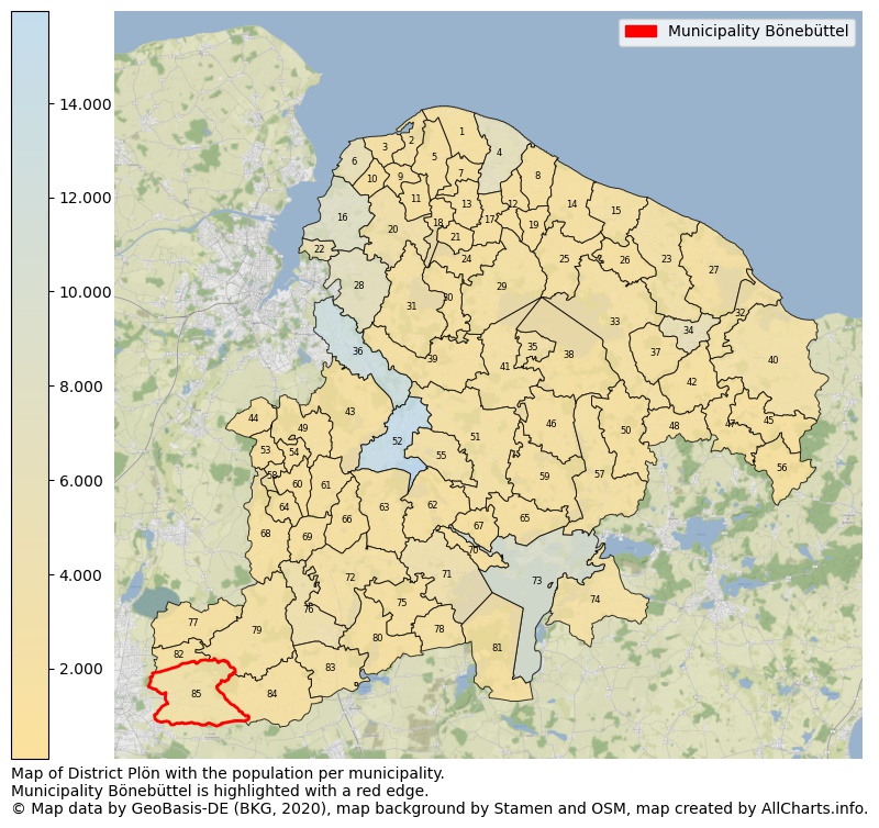 Map of District Plön with the population per municipality.Municipality Bönebüttel is highlighted with a red edge.. This page shows a lot of information about residents (such as the distribution by age groups, family composition, gender, native or German with an immigration background, ...), homes (numbers, types, price development, use, type of property, ...) and more (car ownership, energy consumption, ...) based on open data from the German Federal Agency for Cartography, the Federal Statistical Office (DESTATIS), the Regional Statistical Offices and various other sources!