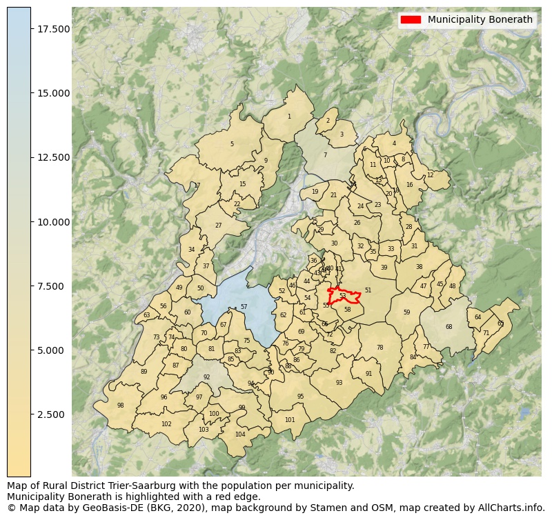 Map of Rural district Trier-Saarburg with the population per municipality.Municipality Bonerath is highlighted with a red edge.. This page shows a lot of information about residents (such as the distribution by age groups, family composition, gender, native or German with an immigration background, ...), homes (numbers, types, price development, use, type of property, ...) and more (car ownership, energy consumption, ...) based on open data from the German Federal Agency for Cartography, the Federal Statistical Office (DESTATIS), the Regional Statistical Offices and various other sources!