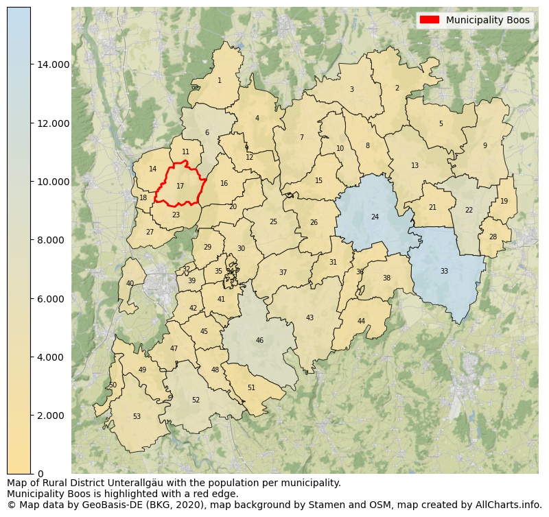 Map of Rural district Unterallgäu with the population per municipality.Municipality Boos is highlighted with a red edge.. This page shows a lot of information about residents (such as the distribution by age groups, family composition, gender, native or German with an immigration background, ...), homes (numbers, types, price development, use, type of property, ...) and more (car ownership, energy consumption, ...) based on open data from the German Federal Agency for Cartography, the Federal Statistical Office (DESTATIS), the Regional Statistical Offices and various other sources!