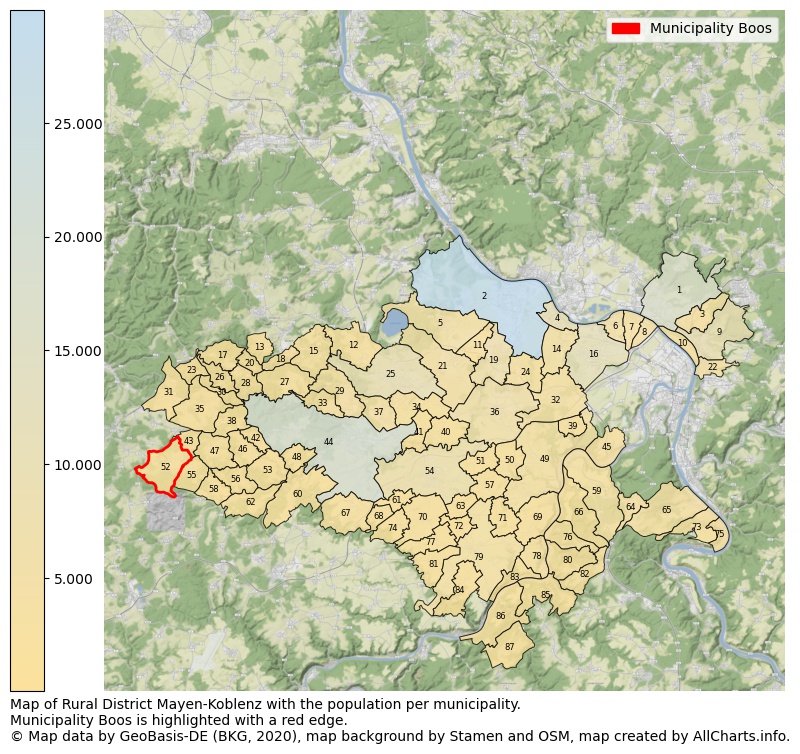 Map of Rural district Mayen-Koblenz with the population per municipality.Municipality Boos is highlighted with a red edge.. This page shows a lot of information about residents (such as the distribution by age groups, family composition, gender, native or German with an immigration background, ...), homes (numbers, types, price development, use, type of property, ...) and more (car ownership, energy consumption, ...) based on open data from the German Federal Agency for Cartography, the Federal Statistical Office (DESTATIS), the Regional Statistical Offices and various other sources!