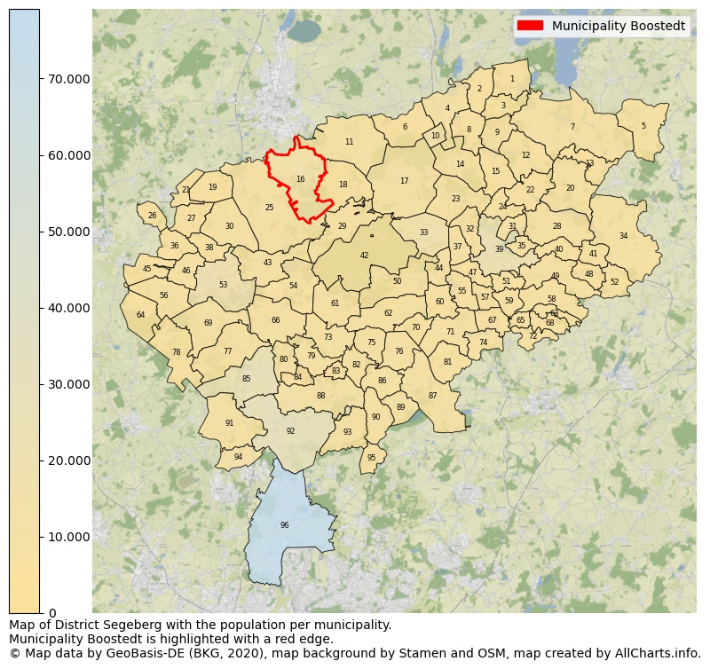 Map of District Segeberg with the population per municipality.Municipality Boostedt is highlighted with a red edge.. This page shows a lot of information about residents (such as the distribution by age groups, family composition, gender, native or German with an immigration background, ...), homes (numbers, types, price development, use, type of property, ...) and more (car ownership, energy consumption, ...) based on open data from the German Federal Agency for Cartography, the Federal Statistical Office (DESTATIS), the Regional Statistical Offices and various other sources!