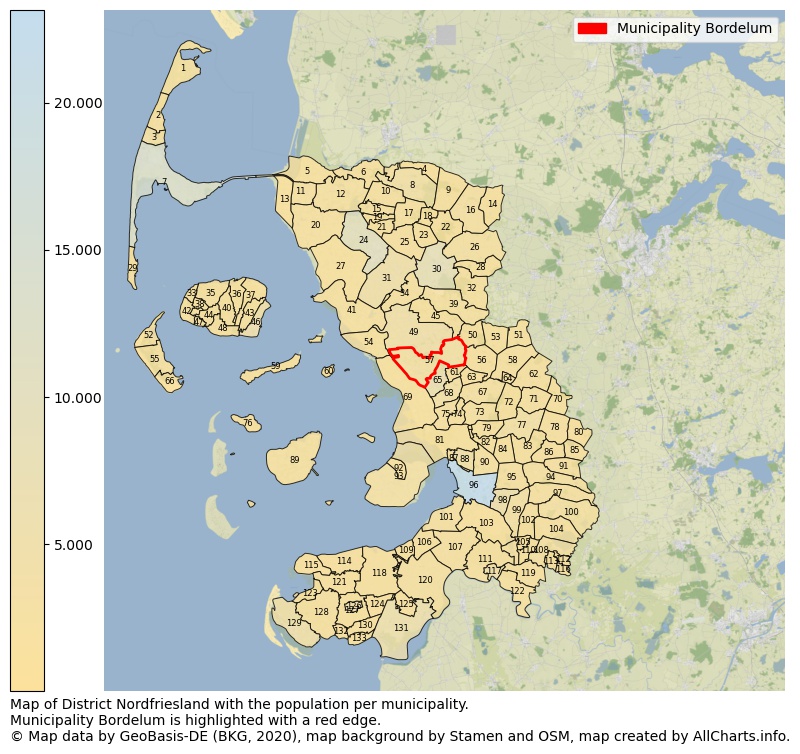 Map of District Nordfriesland with the population per municipality.Municipality Bordelum is highlighted with a red edge.. This page shows a lot of information about residents (such as the distribution by age groups, family composition, gender, native or German with an immigration background, ...), homes (numbers, types, price development, use, type of property, ...) and more (car ownership, energy consumption, ...) based on open data from the German Federal Agency for Cartography, the Federal Statistical Office (DESTATIS), the Regional Statistical Offices and various other sources!