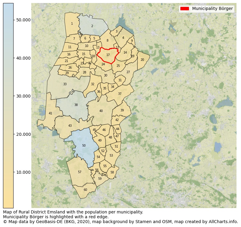 Map of Rural district Emsland with the population per municipality.Municipality Börger is highlighted with a red edge.. This page shows a lot of information about residents (such as the distribution by age groups, family composition, gender, native or German with an immigration background, ...), homes (numbers, types, price development, use, type of property, ...) and more (car ownership, energy consumption, ...) based on open data from the German Federal Agency for Cartography, the Federal Statistical Office (DESTATIS), the Regional Statistical Offices and various other sources!