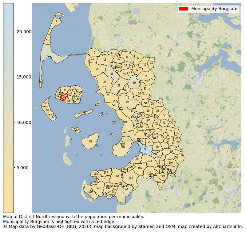 Map of District Nordfriesland with the population per municipality.Municipality Borgsum is highlighted with a red edge.. This page shows a lot of information about residents (such as the distribution by age groups, family composition, gender, native or German with an immigration background, ...), homes (numbers, types, price development, use, type of property, ...) and more (car ownership, energy consumption, ...) based on open data from the German Federal Agency for Cartography, the Federal Statistical Office (DESTATIS), the Regional Statistical Offices and various other sources!