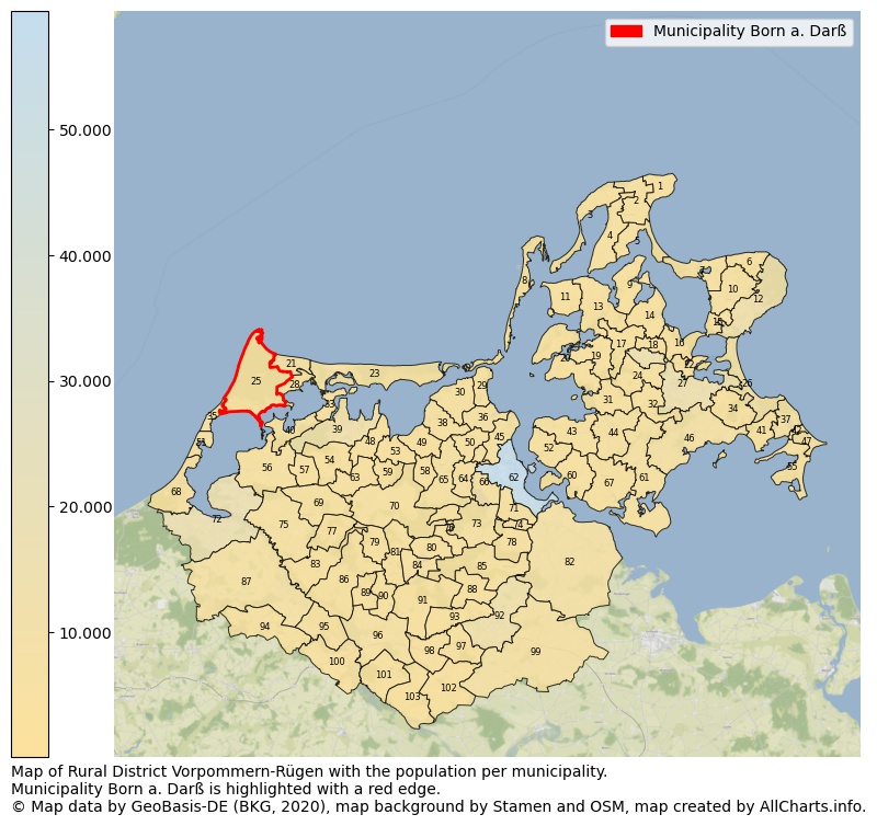 Map of Rural district Vorpommern-Rügen with the population per municipality.Municipality Born a. Darß is highlighted with a red edge.. This page shows a lot of information about residents (such as the distribution by age groups, family composition, gender, native or German with an immigration background, ...), homes (numbers, types, price development, use, type of property, ...) and more (car ownership, energy consumption, ...) based on open data from the German Federal Agency for Cartography, the Federal Statistical Office (DESTATIS), the Regional Statistical Offices and various other sources!