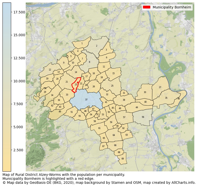 Map of Rural district Alzey-Worms with the population per municipality.Municipality Bornheim is highlighted with a red edge.. This page shows a lot of information about residents (such as the distribution by age groups, family composition, gender, native or German with an immigration background, ...), homes (numbers, types, price development, use, type of property, ...) and more (car ownership, energy consumption, ...) based on open data from the German Federal Agency for Cartography, the Federal Statistical Office (DESTATIS), the Regional Statistical Offices and various other sources!