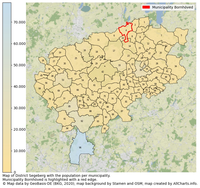 Map of District Segeberg with the population per municipality.Municipality Bornhöved is highlighted with a red edge.. This page shows a lot of information about residents (such as the distribution by age groups, family composition, gender, native or German with an immigration background, ...), homes (numbers, types, price development, use, type of property, ...) and more (car ownership, energy consumption, ...) based on open data from the German Federal Agency for Cartography, the Federal Statistical Office (DESTATIS), the Regional Statistical Offices and various other sources!