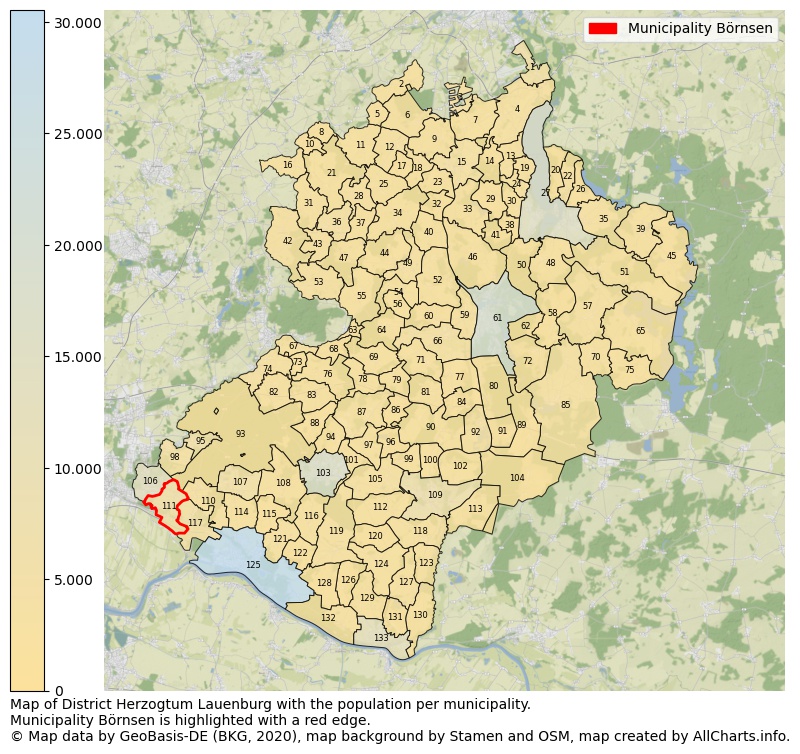 Map of District Herzogtum Lauenburg with the population per municipality.Municipality Börnsen is highlighted with a red edge.. This page shows a lot of information about residents (such as the distribution by age groups, family composition, gender, native or German with an immigration background, ...), homes (numbers, types, price development, use, type of property, ...) and more (car ownership, energy consumption, ...) based on open data from the German Federal Agency for Cartography, the Federal Statistical Office (DESTATIS), the Regional Statistical Offices and various other sources!
