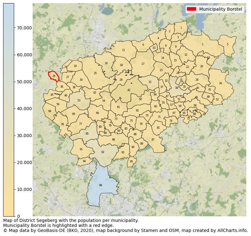 Map of District Segeberg with the population per municipality.Municipality Borstel is highlighted with a red edge.. This page shows a lot of information about residents (such as the distribution by age groups, family composition, gender, native or German with an immigration background, ...), homes (numbers, types, price development, use, type of property, ...) and more (car ownership, energy consumption, ...) based on open data from the German Federal Agency for Cartography, the Federal Statistical Office (DESTATIS), the Regional Statistical Offices and various other sources!