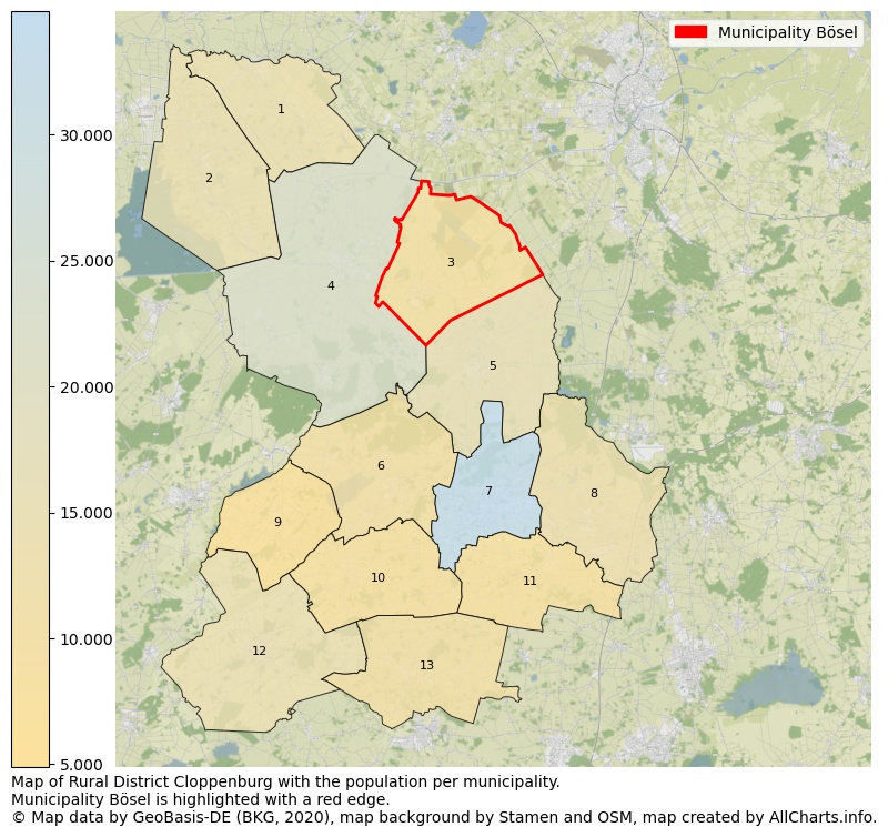 Map of Rural district Cloppenburg with the population per municipality.Municipality Bösel is highlighted with a red edge.. This page shows a lot of information about residents (such as the distribution by age groups, family composition, gender, native or German with an immigration background, ...), homes (numbers, types, price development, use, type of property, ...) and more (car ownership, energy consumption, ...) based on open data from the German Federal Agency for Cartography, the Federal Statistical Office (DESTATIS), the Regional Statistical Offices and various other sources!