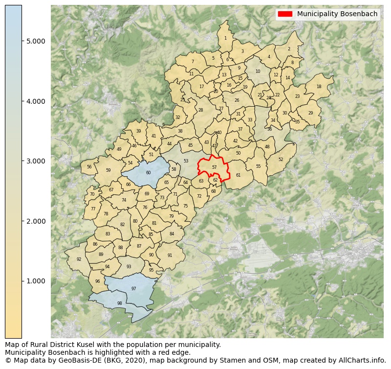 Map of Rural district Kusel with the population per municipality.Municipality Bosenbach is highlighted with a red edge.. This page shows a lot of information about residents (such as the distribution by age groups, family composition, gender, native or German with an immigration background, ...), homes (numbers, types, price development, use, type of property, ...) and more (car ownership, energy consumption, ...) based on open data from the German Federal Agency for Cartography, the Federal Statistical Office (DESTATIS), the Regional Statistical Offices and various other sources!