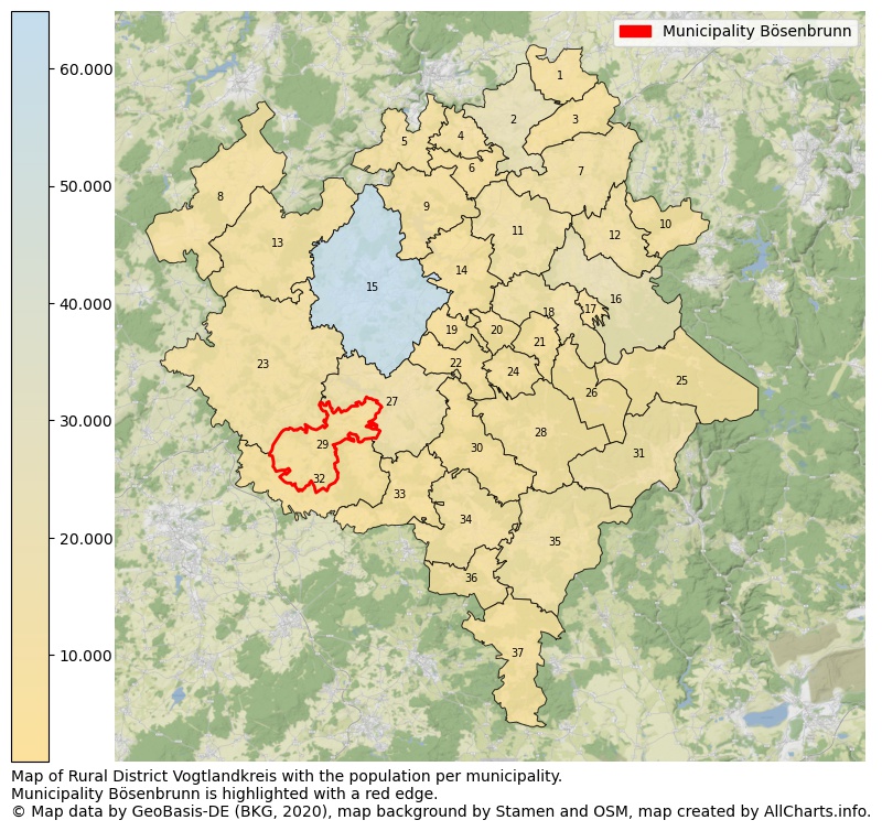 Map of Rural district Vogtlandkreis with the population per municipality.Municipality Bösenbrunn is highlighted with a red edge.. This page shows a lot of information about residents (such as the distribution by age groups, family composition, gender, native or German with an immigration background, ...), homes (numbers, types, price development, use, type of property, ...) and more (car ownership, energy consumption, ...) based on open data from the German Federal Agency for Cartography, the Federal Statistical Office (DESTATIS), the Regional Statistical Offices and various other sources!