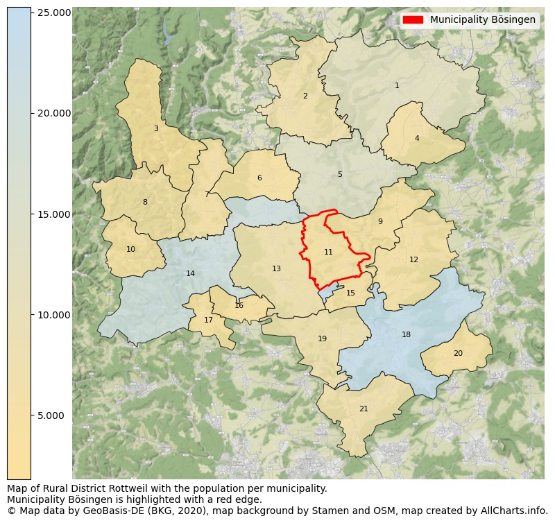 Map of Rural district Rottweil with the population per municipality.Municipality Bösingen is highlighted with a red edge.. This page shows a lot of information about residents (such as the distribution by age groups, family composition, gender, native or German with an immigration background, ...), homes (numbers, types, price development, use, type of property, ...) and more (car ownership, energy consumption, ...) based on open data from the German Federal Agency for Cartography, the Federal Statistical Office (DESTATIS), the Regional Statistical Offices and various other sources!