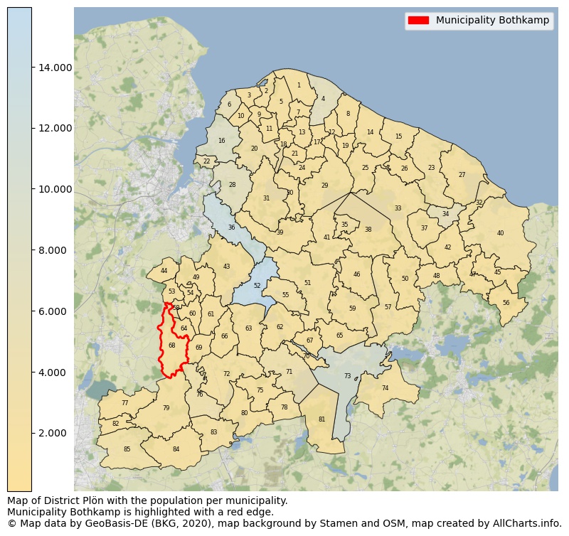 Map of District Plön with the population per municipality.Municipality Bothkamp is highlighted with a red edge.. This page shows a lot of information about residents (such as the distribution by age groups, family composition, gender, native or German with an immigration background, ...), homes (numbers, types, price development, use, type of property, ...) and more (car ownership, energy consumption, ...) based on open data from the German Federal Agency for Cartography, the Federal Statistical Office (DESTATIS), the Regional Statistical Offices and various other sources!