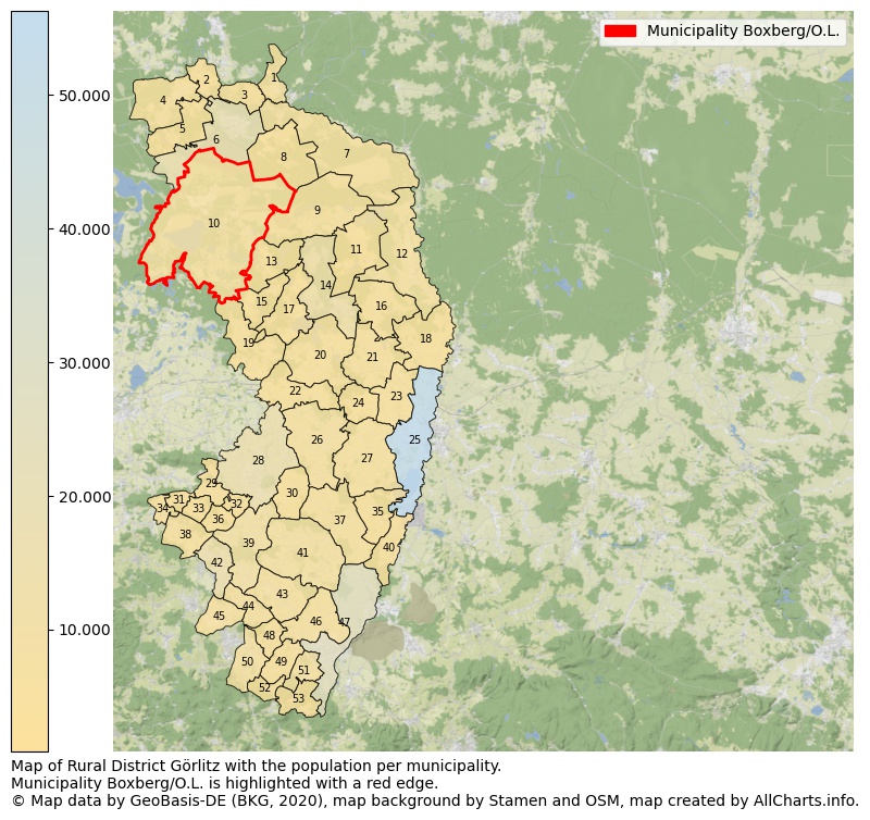 Map of Rural district Görlitz with the population per municipality.Municipality Boxberg/O.L. is highlighted with a red edge.. This page shows a lot of information about residents (such as the distribution by age groups, family composition, gender, native or German with an immigration background, ...), homes (numbers, types, price development, use, type of property, ...) and more (car ownership, energy consumption, ...) based on open data from the German Federal Agency for Cartography, the Federal Statistical Office (DESTATIS), the Regional Statistical Offices and various other sources!