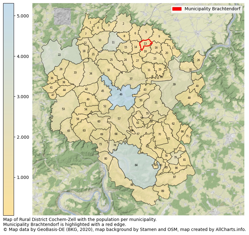 Map of Rural district Cochem-Zell with the population per municipality.Municipality Brachtendorf is highlighted with a red edge.. This page shows a lot of information about residents (such as the distribution by age groups, family composition, gender, native or German with an immigration background, ...), homes (numbers, types, price development, use, type of property, ...) and more (car ownership, energy consumption, ...) based on open data from the German Federal Agency for Cartography, the Federal Statistical Office (DESTATIS), the Regional Statistical Offices and various other sources!
