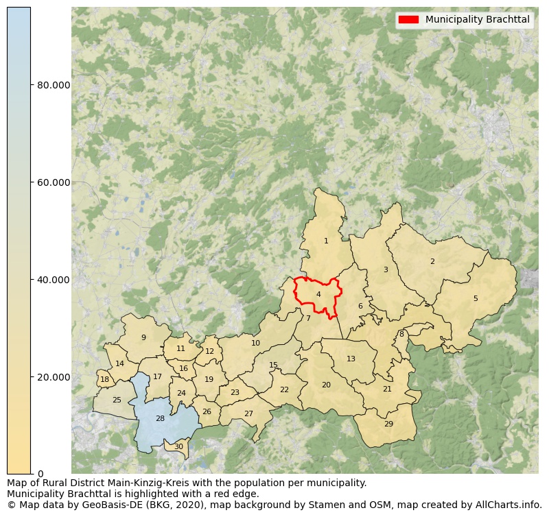 Map of Rural district Main-Kinzig-Kreis with the population per municipality.Municipality Brachttal is highlighted with a red edge.. This page shows a lot of information about residents (such as the distribution by age groups, family composition, gender, native or German with an immigration background, ...), homes (numbers, types, price development, use, type of property, ...) and more (car ownership, energy consumption, ...) based on open data from the German Federal Agency for Cartography, the Federal Statistical Office (DESTATIS), the Regional Statistical Offices and various other sources!